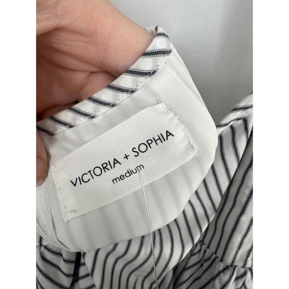 Victoria Sophia Dress Medium White Mini Striped Milkmaid Open Back Sleeveless - Picture 2 of 8